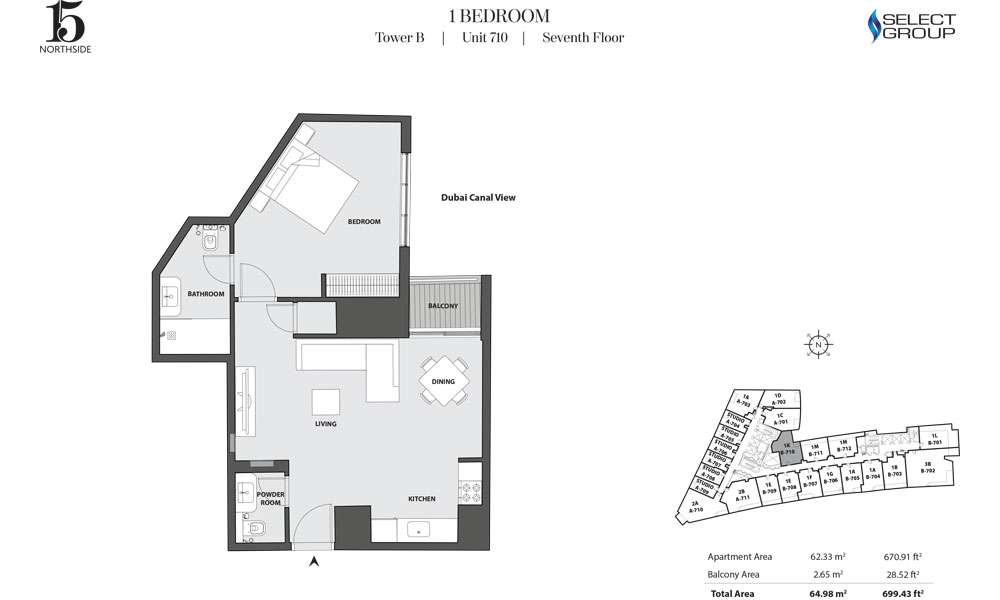 Tower B, 1 Bedroom, Unit 710, Seventh Floor